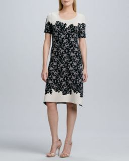 Womens Short Sleeve Lace Print Knit Dress   Kay Unger New York   Ivory/Black