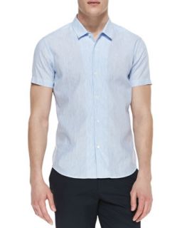 Mens Striped Linen/Cotton Short Sleeve Shirt   Theory   Lt blue/White (X LARGE)