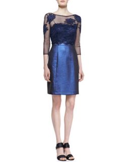 Womens Mesh Embroidered Top Cocktail Dress, Navy   Kay Unger New York   Navy