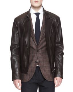 Mens Leather Asymmetric Zip Moto Jacket   Brunello Cucinelli   Brown (L/52)