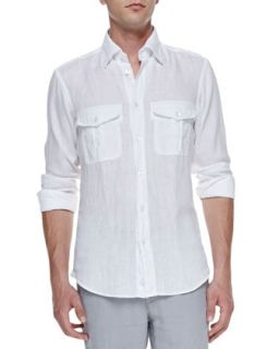 Mens Linen Long Sleeve Shirt, White   Ermenegildo Zegna   White (SMALL)