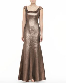 Womens Metallic Scoop Neck Flare Gown   Kay Unger New York   Bronze (2)