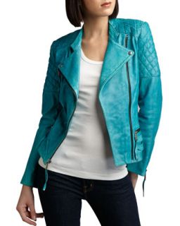 Womens Quilted Detail Leather Jacket   Turquoise (MEDIUM(8 10))