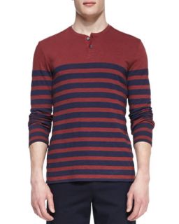 Mens Long Sleeve Striped Henley Tee, Red/Navy   Vince   Red (X LARGE)