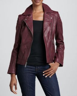 Womens Notched Collar Trapunto Leather Moto Jacket   Plum (SMALL/4 6)