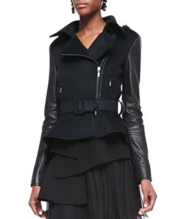 Womens Leather Sleeve Moto Jacket, Black   Oscar de la Renta   Black (12)