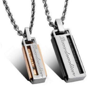 JBlue Jewelry Men,Women's "Love U" 2PCS Stainless Steel Pendant Necklace CZ Silver Gold Cuboid Love Valentine's Couples His & Hers Set with 20 and 23 inch Chain (with Gift Bag): Jewelry