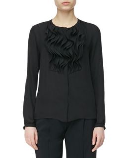 Womens Solid Chiffon Ruffle Front Silk Top, Black   Etro   Black (44/10)