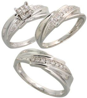 14k White Gold 3 Piece Trio His & Hers Wedding Band Set, w/ 0.35 Carat Brilliant Cut & Invisible Set Diamonds, 1/4 in. (6mm) wide, size 8: Jewelry