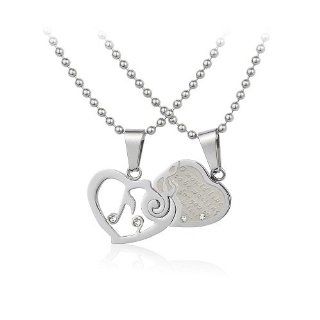 Stainless Steel Couple Music Note Lovers Pendant Necklace Set His and Hers w/ Crystal CZ Rhinestone Jewelry. FREE CHAIN NECKLACES INCLUDED. Jewelry