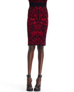 Womens High Waist Tulip Jacquard Skirt, Black/Red   Alexander McQueen  
