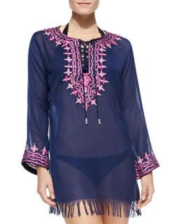Womens Ikat Medallion Embroidered Tunic Coverup   Letarte   Navy (LARGE)
