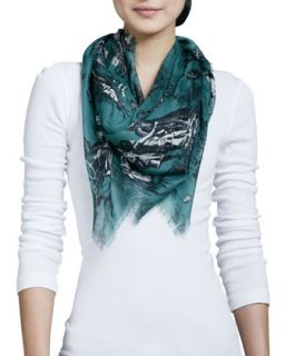 Balloon Toile Fringe Square Scarf   Oscar de la Renta   Teal (ONE SIZE)