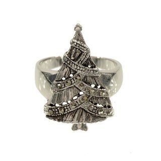 Antique Looking Silvertone Christmas Tree Fashion Ring With Garland of Genuine Marcasite: Garlands For Christmas: Jewelry