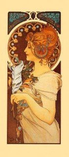 Lady Looking Left Side with Feather By Alphonse Mucha 12" X 27" Image Size Vintage Poster Reproduction. See Companion Piece: Lady Looking Right   Prints