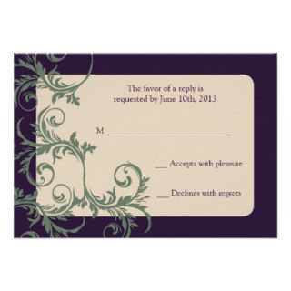 Purple, Green, Tan Floral Vine Wedding RSVP Cards