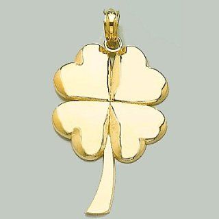 14k Gold Irish Holiday Necklace Charm Pendant, 4 leaf Clover With Stem, High Pol: Jewelry