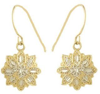 14k Gold Mini Flower With Filigree & White Diamond Cut Petals Wire Earrings: Dangle Earrings: Jewelry