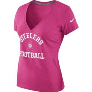 NIKE Women's Pittsburgh Steelers Breast Cancer Awareness V Neck T Shirt   Size: Medium, Vivid Pink: Clothing