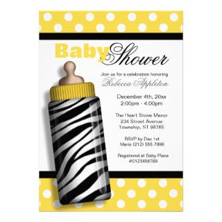 Zebra Print Baby Bottle Yellow Baby Shower Invites