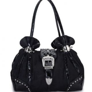 Designer Inspired Tote Handbag W/ Jacquard Fabric Heart Design & Rhinestone Buckle Black/ White: Clothing