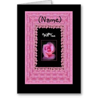 CUSTOM Junior Bridesmaid Pink Rose & Cloud Frame Greeting Card