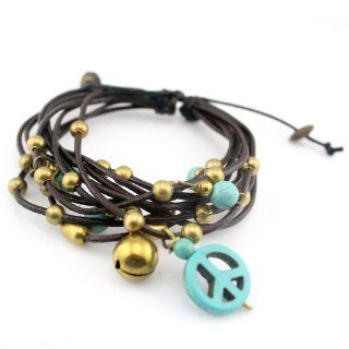 WithLoveSilver Bohemia Design Ringing Bell Turquoise Peace Sign Leather Wrap Bracelet: Jewelry