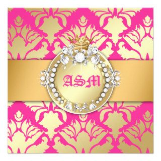 311 Damask Shimmer Queen Sweet Sixteen Golden Pink Personalized Announcements