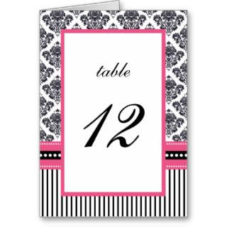Black & Pink  Damask Stripes Wedding Table Number Cards