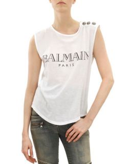 Womens Sleeveless Logo T Shirt with Shoulder Buttons, Black/White   Balmain  