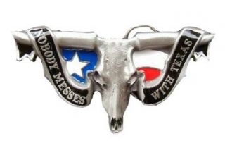 Nobody Messes With Texas Large Size Longhorn Skull W/Flag Colored Novelty Bel: Clothing
