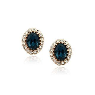 FM42 18k Yellow Gold Plated Kate Middleton Diana Style Oval Blue/Green/Purple/Red Color Crystal Stud Earrings (Blue Crystal) Jewelry