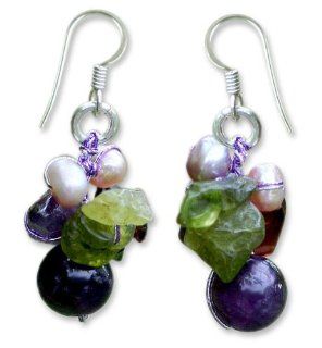 Garnet and amethyst cluster earrings, 'Bright Bouquet'   Handcrafted Amethyst and Pearl Dangle Earrings: Jewelry