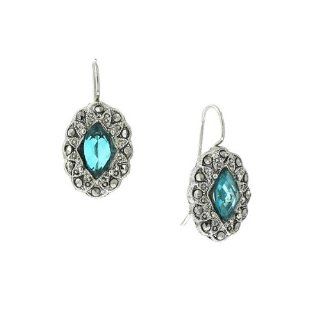Teal Blue and Marcasite Oval Dangle Earrings Silver Tone: 1928: Jewelry