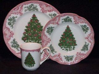 Johnson Brothers Old Britain Castles 12 Piece Christmas Tree Dinnerware Set, Pink and Green: Kitchen & Dining