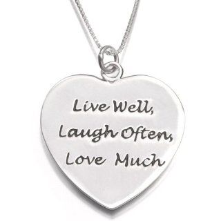 Sterling Silver Live Well   Laugh Often   Love Much Heart Pendant on 16in Necklace: Jewelry
