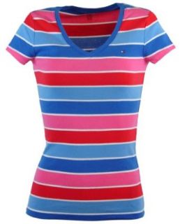 Tommy Hilfiger Womens V Neck Striped Logo T Shirt   XS   Blue/Pink/Red at  Womens Clothing store