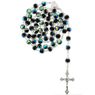 Silver Tone Linked Rosary with Faceted AB Black Beads with Silver Tone End Caps   33'' Necklace   22'' Overall Length: Jewelry