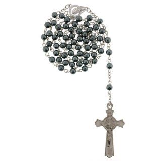 Hematite Link Rosary with 6mm Beads   St. Benedict Cross   27'' Necklace   20'' Overall: Jewelry