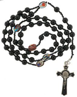 St. Benedict Black Glass Bead Rosary with Photographs   8mm Beads   30 in. Necklace   22 in. Overall: Jewelry