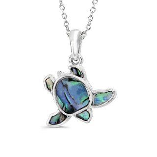 Paua (Abalone) Shell   Sea Turtle Inspired Design Pendant with Rhodium Plated Chain Necklace: Jewelry