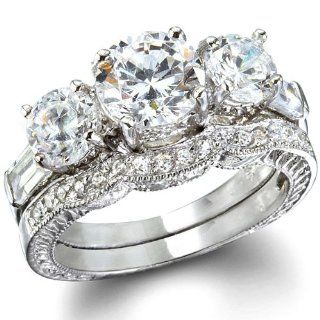 Fantasy Jewelry Box Womens Three Stone Past, Present & Future CZ Engagement Ring Set: Jewelry