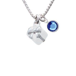Small 3 D White Present Box with Silver Bow Charm Necklace with Sapphire Crystal Drop: Pendant Necklaces: Jewelry