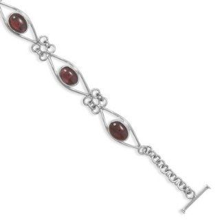 2544 7.5" Garnet Link Toggle Bracelet 21mm long silver links feature 5 x 8mm garnet cabochons. .925 Sterling Silver chain bracelet circle stone precious metal girl woman lady arm hand beuatiful gift present stars