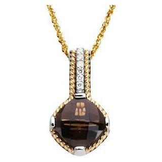 925 Sterling And 14K Yellow Gold And Sterling Silver Gen Smoky Quartz & Diamond Pendant: Jewelry
