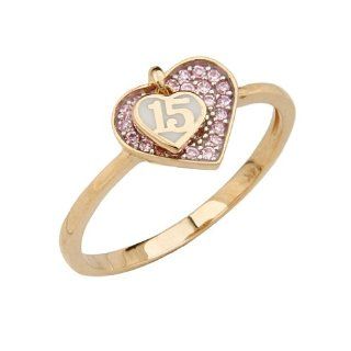 14K Yellow Gold High Polish Pave Set Pink Top Quality Shines CZ 15 Anos Quinceanera Heart Design Ladies Fashion Ring Band: Engagement Rings: Jewelry