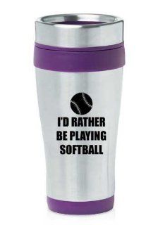 Purple 16oz Insulated Stainless Steel Travel Mug Z1119 I'd Rather be Playing Softball: Coffee Cups: Kitchen & Dining