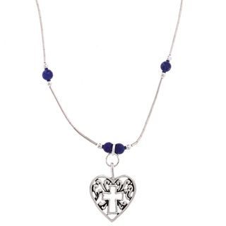 Southwest Moon Cross In Heart Lapis Bead Liquid Metal 16 inch Necklace Southwest Moon Gemstone Necklaces