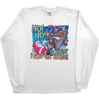 MENS LONG SLEEVE T SHIRT : SAND   SMALL   No No I Said The Schmidt House   Funny Santa Reindeer Outhouse Christmas: Clothing