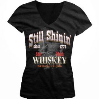 Still Shinin' Since 1776, Moonshine Ladies Junior Fit V neck T shirt, Sour Mash Whiskey Original Blend Moonshiner Design Junior's V Neck Tee: Clothing